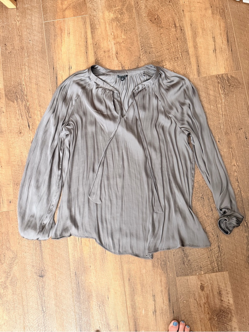 torrid Grey Tie-Neck Long Sleeve Blouse